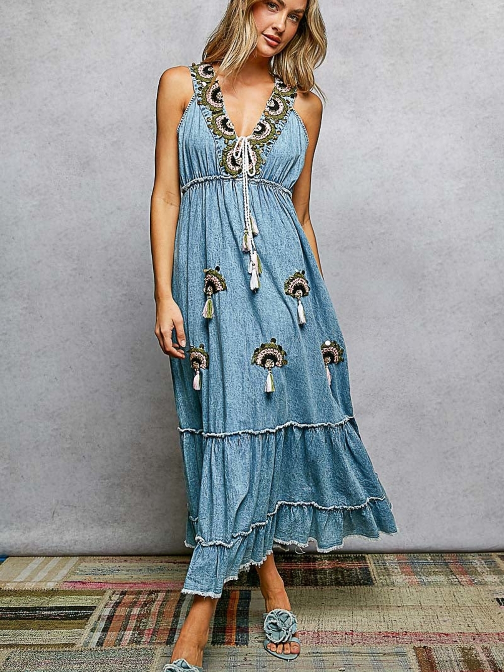Denim Tassel Maxi Dress by POL NWOT